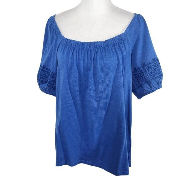 Mason & Belle Blue Knit Top with Embroidered Puffy Sleeves NWT Size Medium