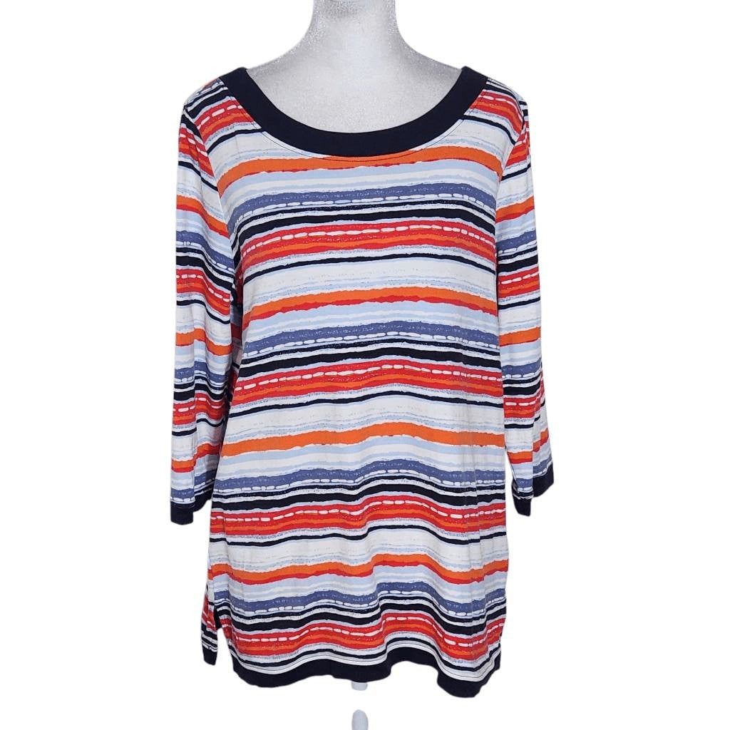 Kim Rogers Stripe Boatneck Tee Size Large Preppy Red and Blue Stripe Top