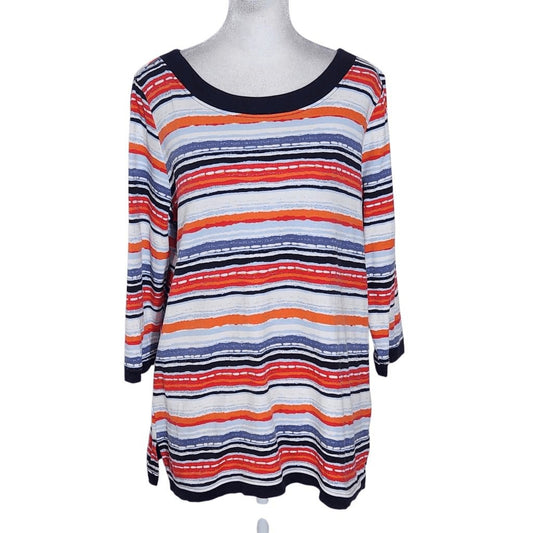 Kim Rogers Stripe Boatneck Tee Size Large Preppy Red and Blue Stripe Top