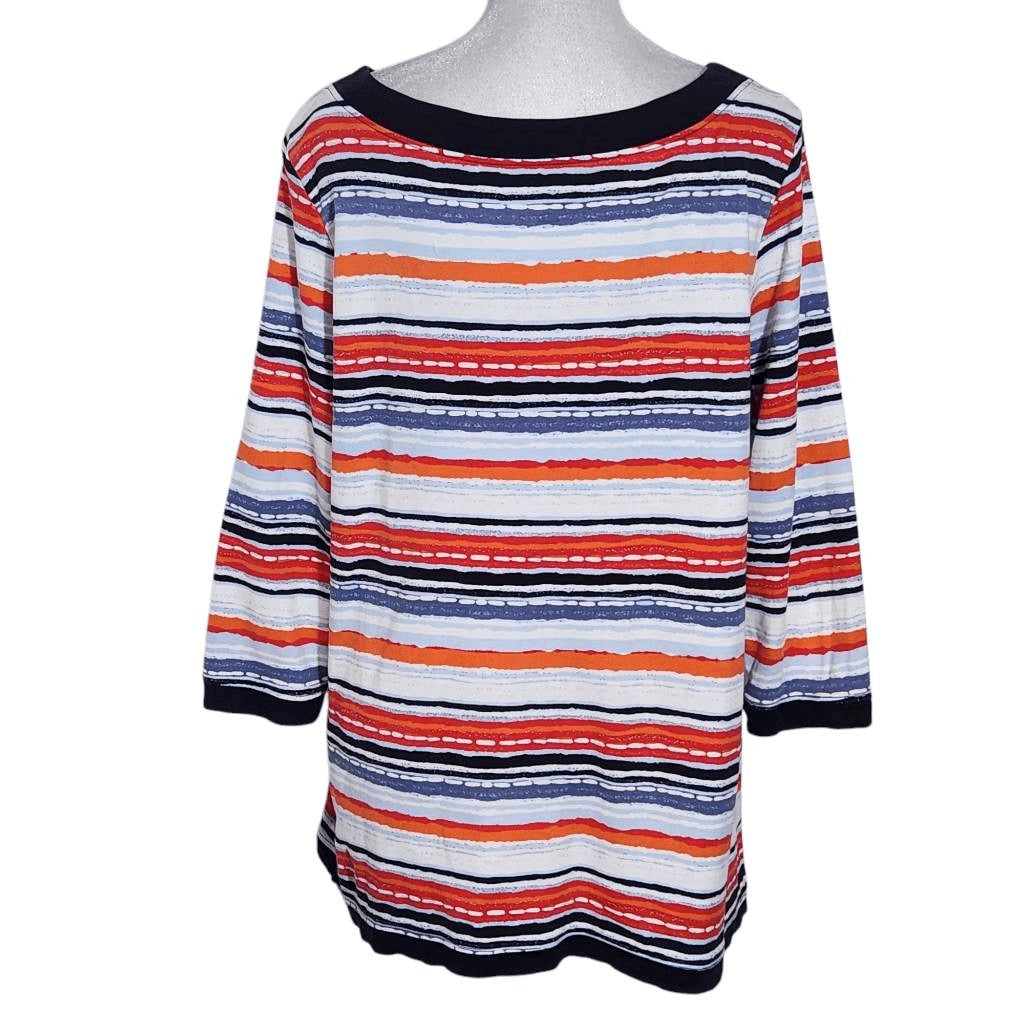 Kim Rogers Stripe Boatneck Tee Size Large Preppy Red and Blue Stripe Top