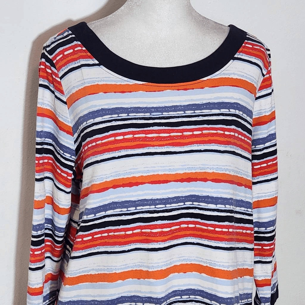Kim Rogers Stripe Boatneck Tee Size Large Preppy Red and Blue Stripe Top
