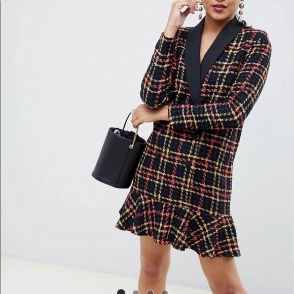 ASOS Black Multi-Color Plaid Bouclé Mini Dress Size 10