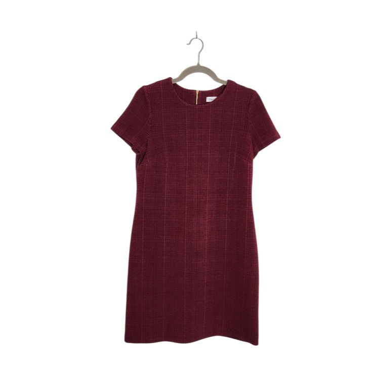 Calvin Klein Short Sleeve Burgundy Plaid Sheath Dress Size 6