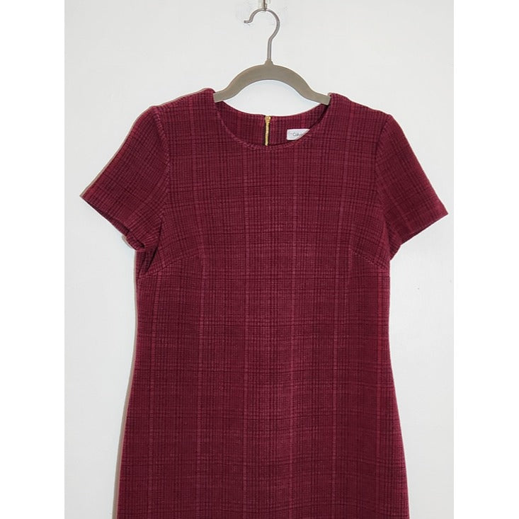 Calvin Klein Short Sleeve Burgundy Plaid Sheath Dress Size 6