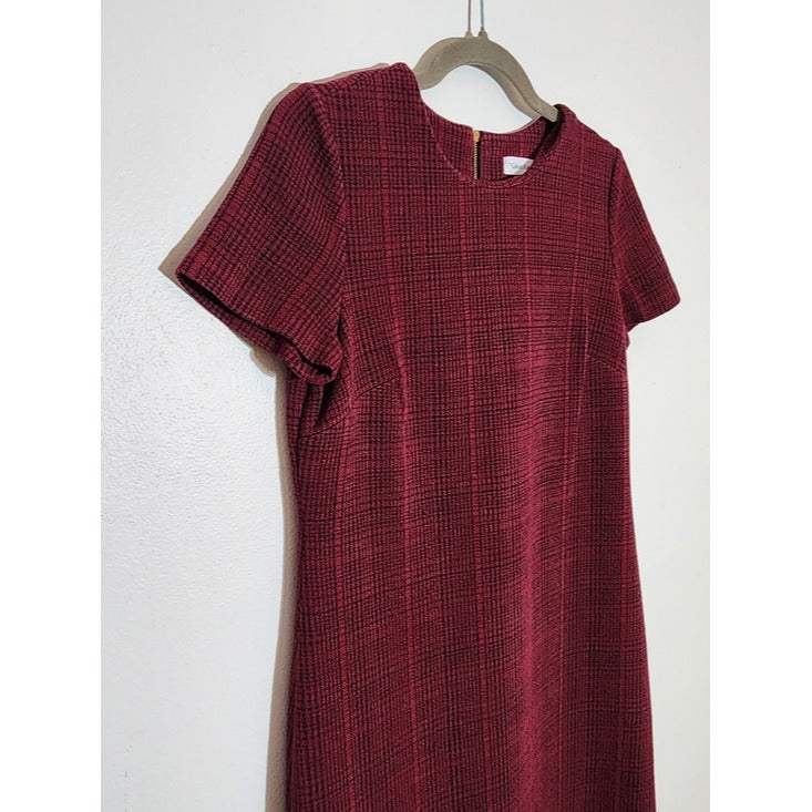 Calvin Klein Short Sleeve Burgundy Plaid Sheath Dress Size 6