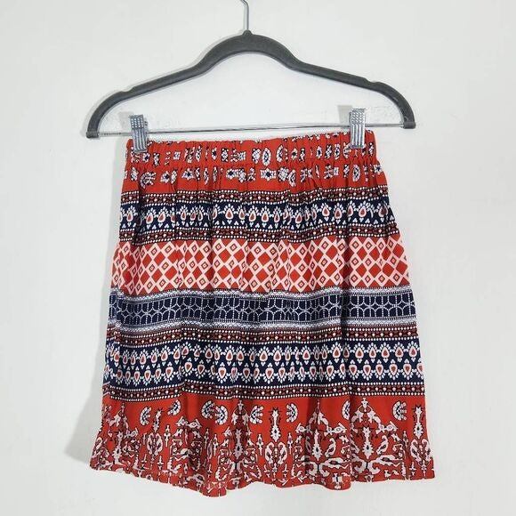 Raga Red and Blue Flirty Boho Mini Skirt Size XS Boho Print Full Skirt, New