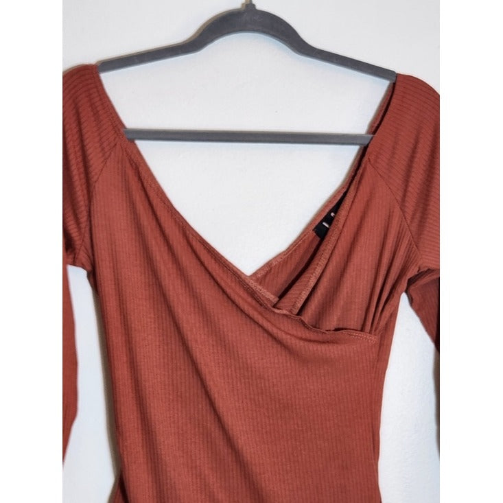 Lulus Rust Red Surplice Ribbed Knit Top Size Medium NWT