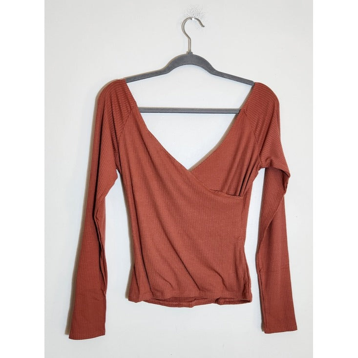 Lulus Rust Red Surplice Ribbed Knit Top Size Medium NWT
