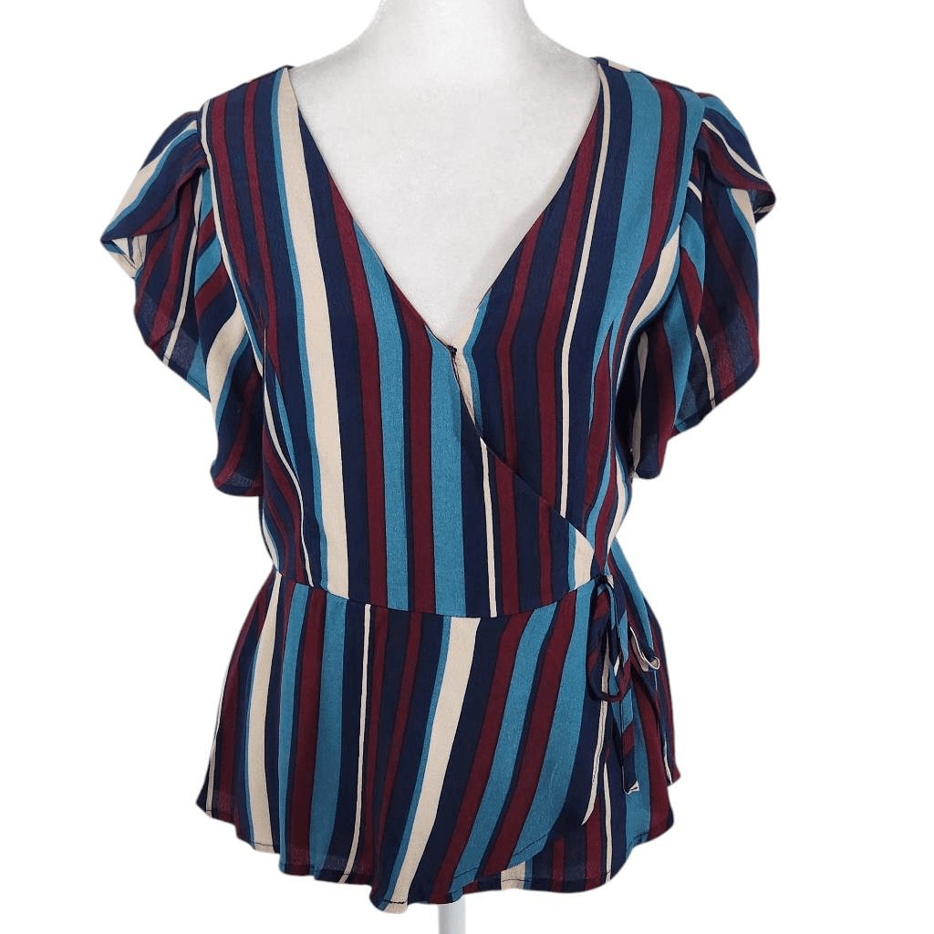 Band of Gypsies Blue and Oxblood Striped Blouse NWT Size Small Wrap Top