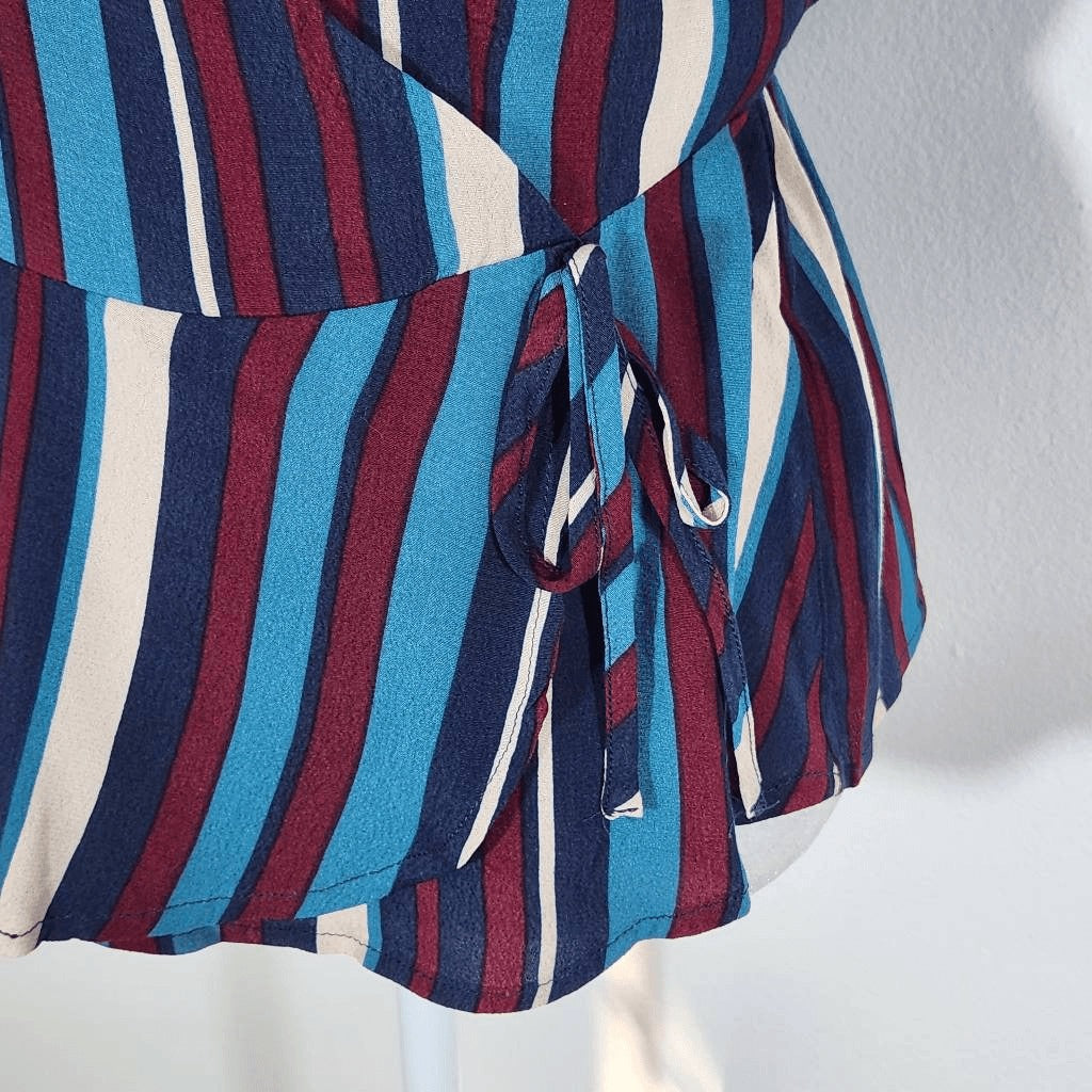 Band of Gypsies Blue and Oxblood Striped Blouse NWT Size Small Wrap Top