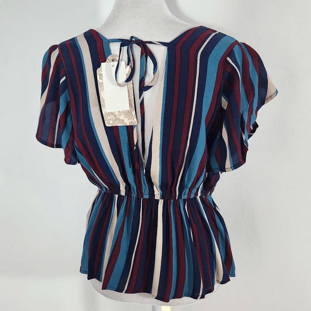 Band of Gypsies Blue and Oxblood Striped Blouse NWT Size Small Wrap Top