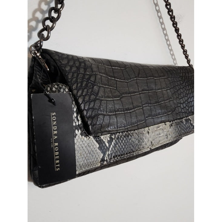 Sondra Roberts Gray and Black Embossed Faux Leather Handbag NWT