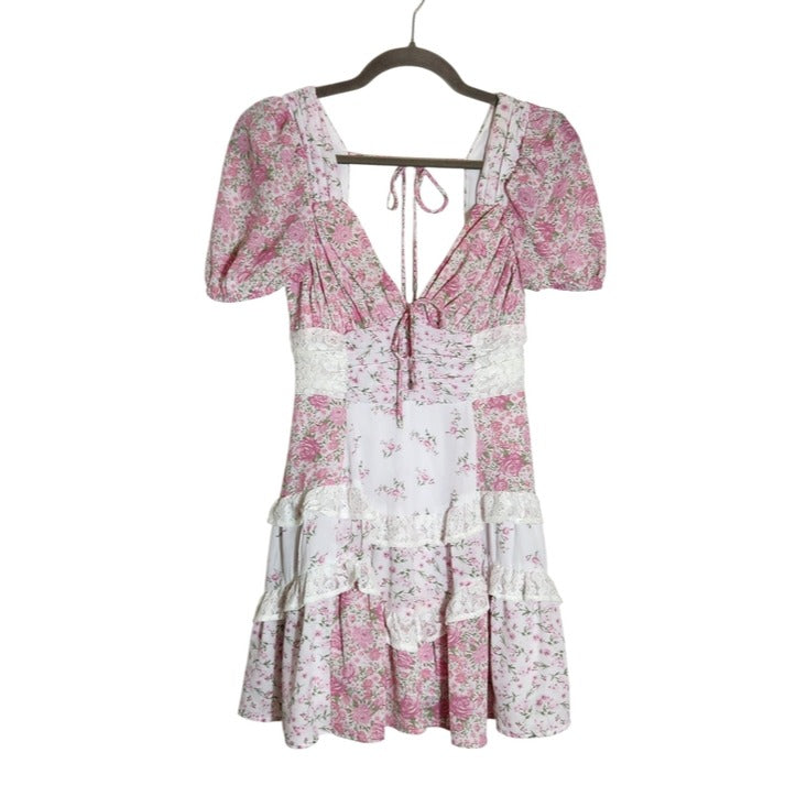 Altar'd State Pink and White Floral Boho Patchwork Mini Dress Size XS Flaw