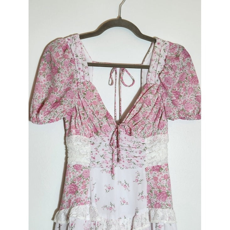 Altar'd State Pink and White Floral Boho Patchwork Mini Dress Size XS Flaw