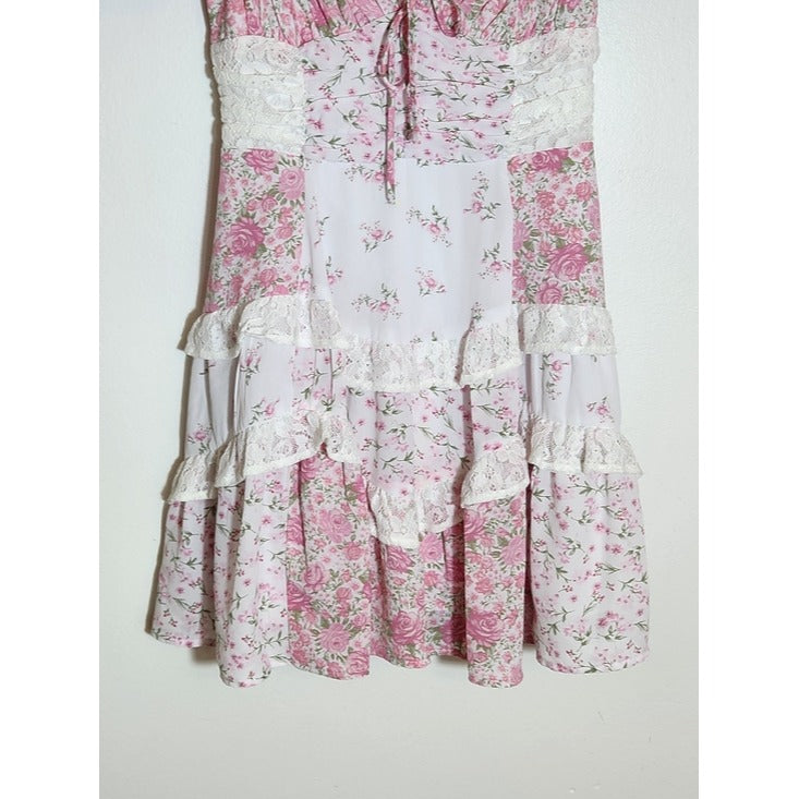 Altar'd State Pink and White Floral Boho Patchwork Mini Dress Size XS Flaw
