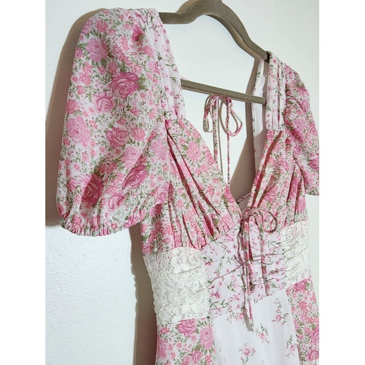 Altar'd State Pink and White Floral Boho Patchwork Mini Dress Size XS Flaw