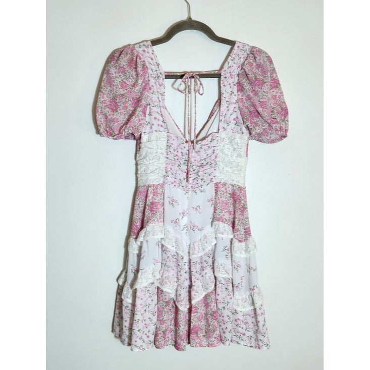 Altar'd State Pink and White Floral Boho Patchwork Mini Dress Size XS Flaw