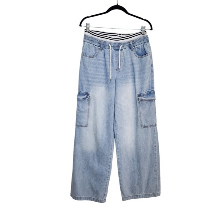 Madden Girl Light Wash Cargo Wide Leg Pull-On Jeans Size Medium