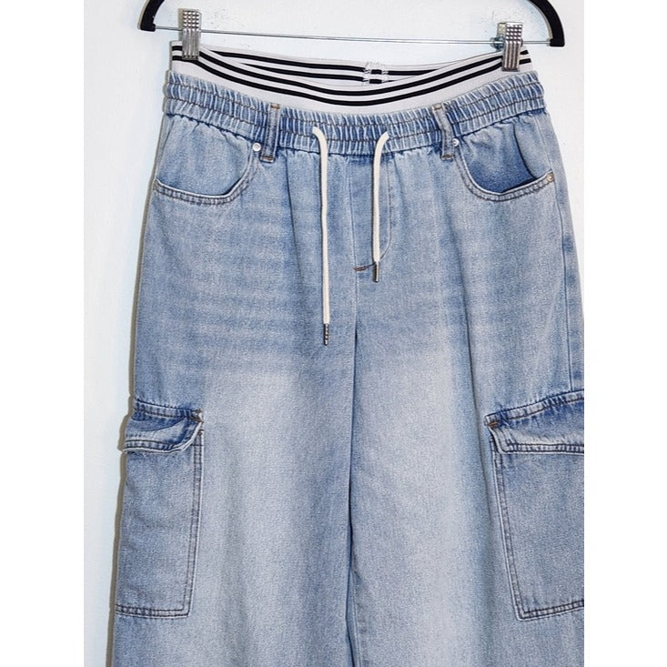Madden Girl Light Wash Cargo Wide Leg Pull-On Jeans Size Medium