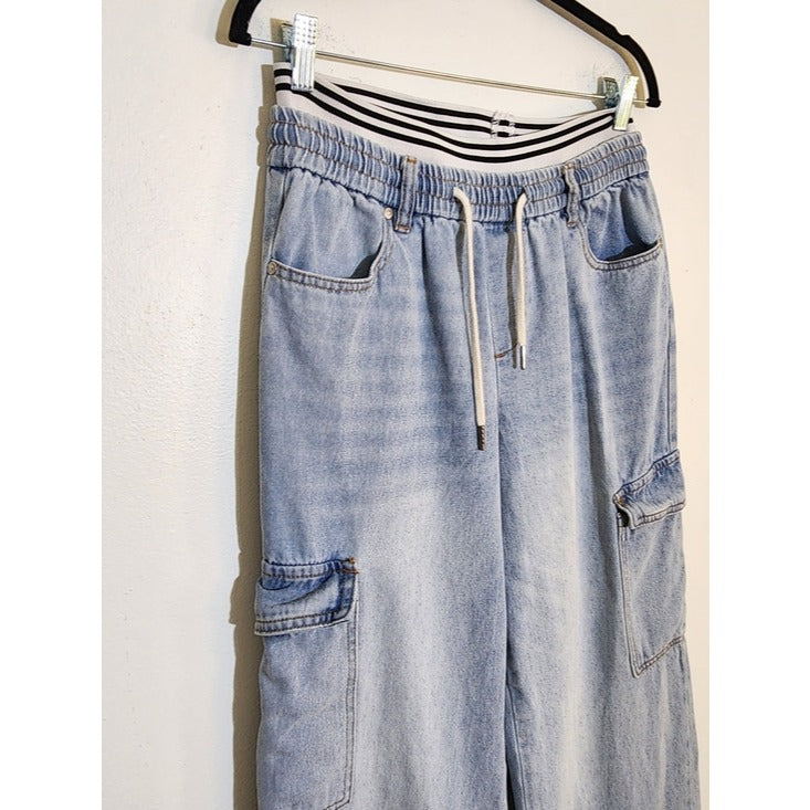 Madden Girl Light Wash Cargo Wide Leg Pull-On Jeans Size Medium