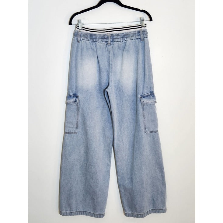 Madden Girl Light Wash Cargo Wide Leg Pull-On Jeans Size Medium