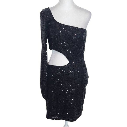 Windsor Black Sequin One Shoulder Bodycon Mini Dress with Cutout NWT Size Large