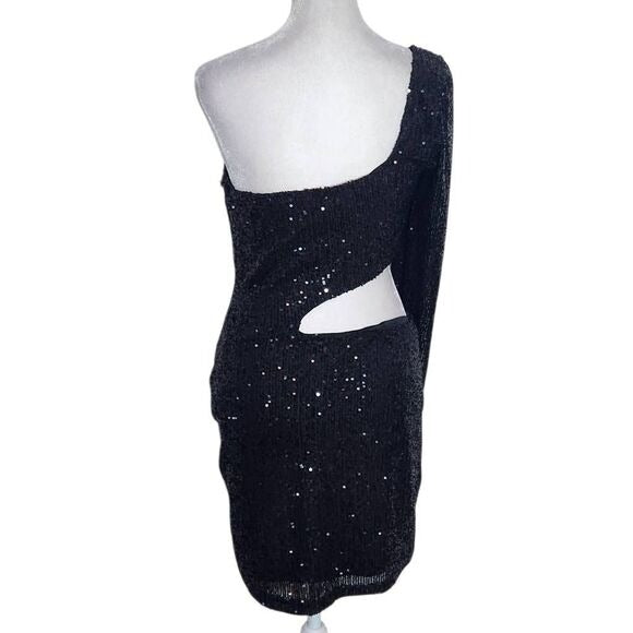 Windsor Black Sequin One Shoulder Bodycon Mini Dress with Cutout NWT Size Large