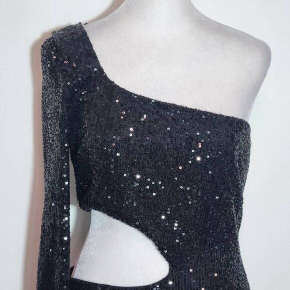 Windsor Black Sequin One Shoulder Bodycon Mini Dress with Cutout NWT Size Large