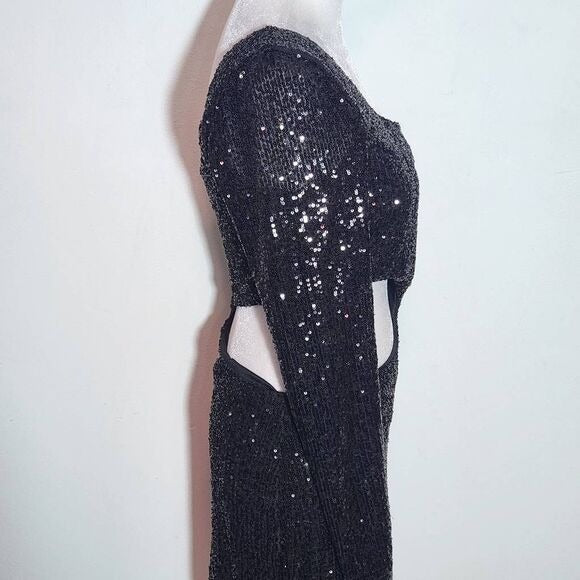 Windsor Black Sequin One Shoulder Bodycon Mini Dress with Cutout NWT Size Large
