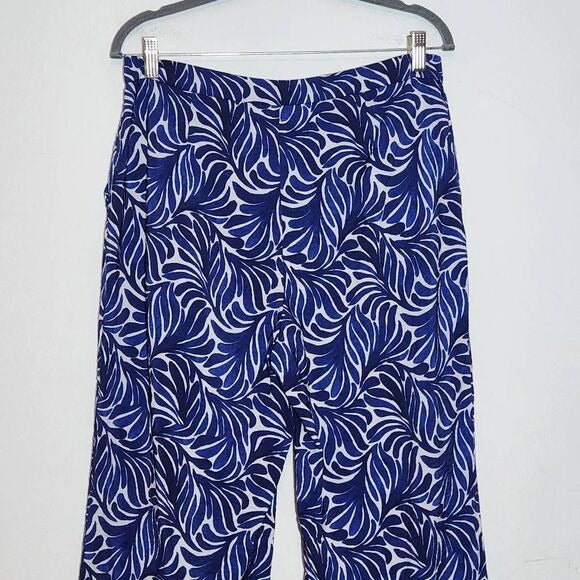 H&M Blue Print Wide Leg Pants Size 12 Blue and White Print Resortwear Pants