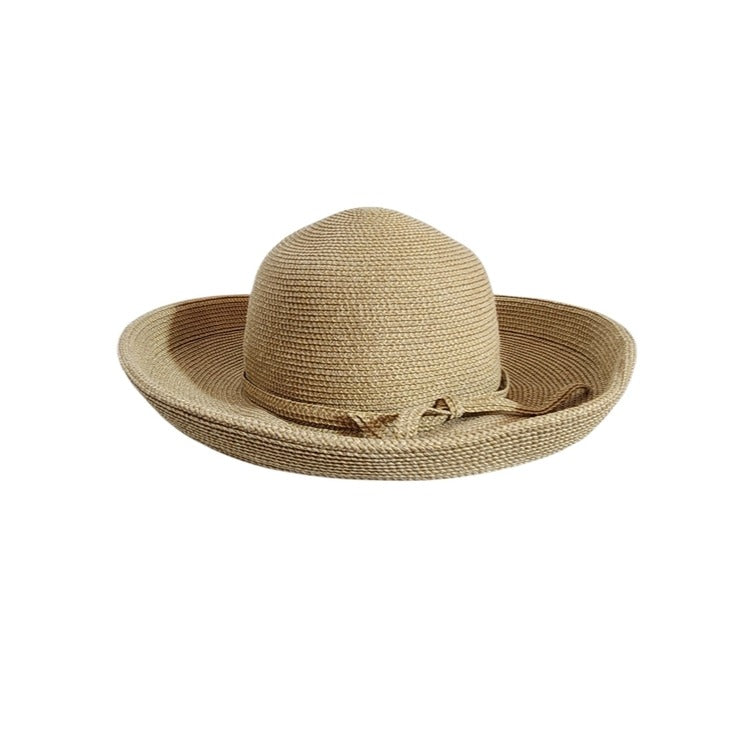 Womens Natural Beige Woven Straw Sun Hat with Tie Detail
