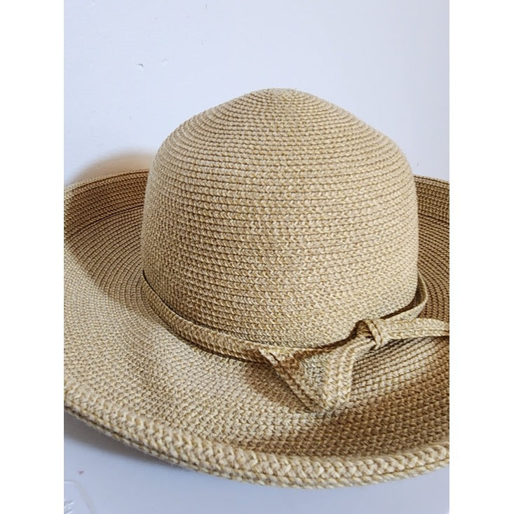 Womens Natural Beige Woven Straw Sun Hat with Tie Detail