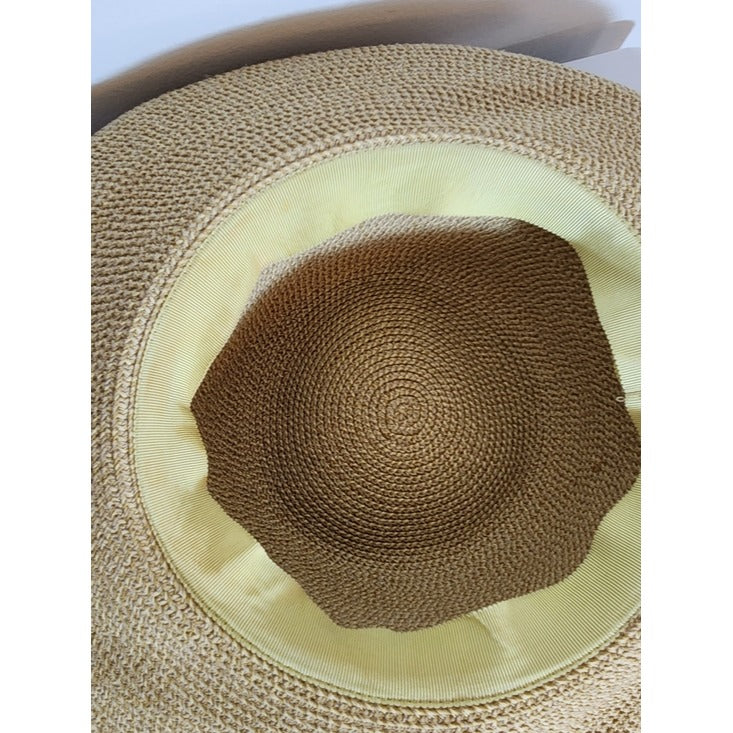 Womens Natural Beige Woven Straw Sun Hat with Tie Detail