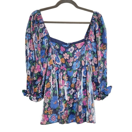 Storia Blue Multi-Color Floral Babydoll Blouse Size Medium NWT