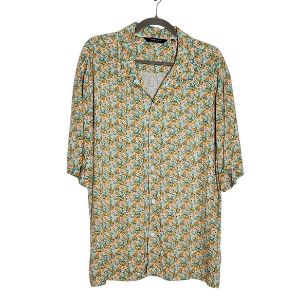 Kenneth Cole Orange and Blue Citrus Print Short Sleeve Button-Up Shirt Size XL