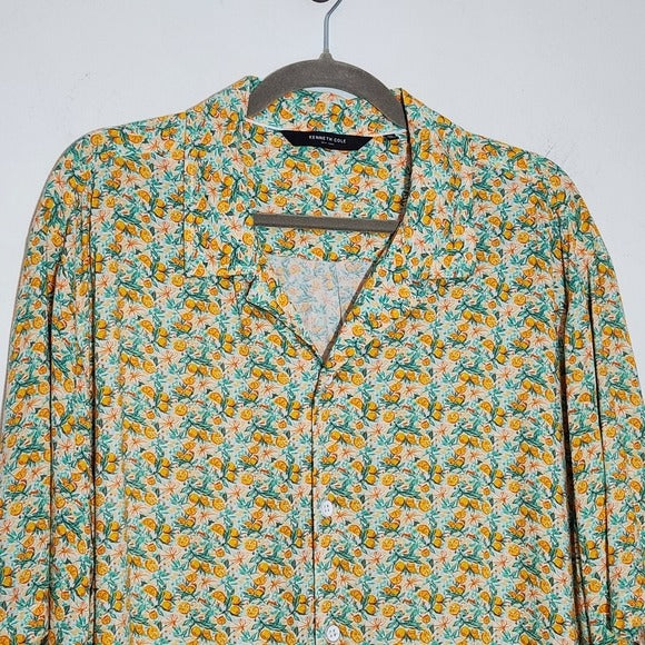 Kenneth Cole Orange and Blue Citrus Print Short Sleeve Button-Up Shirt Size XL