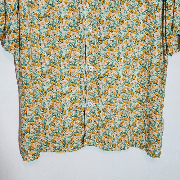 Kenneth Cole Orange and Blue Citrus Print Short Sleeve Button-Up Shirt Size XL