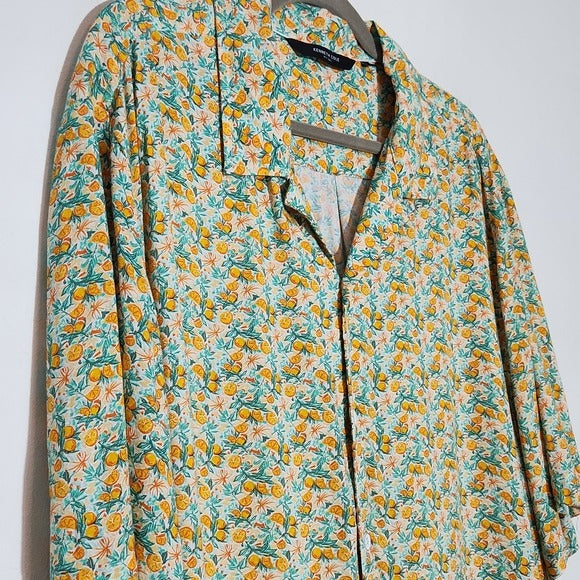 Kenneth Cole Orange and Blue Citrus Print Short Sleeve Button-Up Shirt Size XL