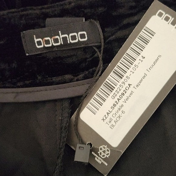 Boohoo Black Velvet Pants NWT Size 2 Tall Black Tapered Crinkle Pants
