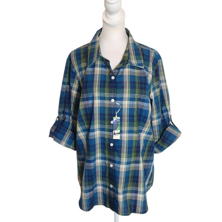 Van Heusen Blue and Green Plaid Button-Up Shirt Roll Tab Sleeves Size XL NWT