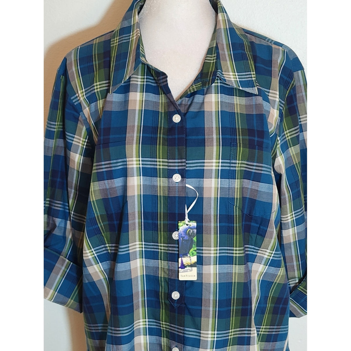 Van Heusen Blue and Green Plaid Button-Up Shirt Roll Tab Sleeves Size XL NWT