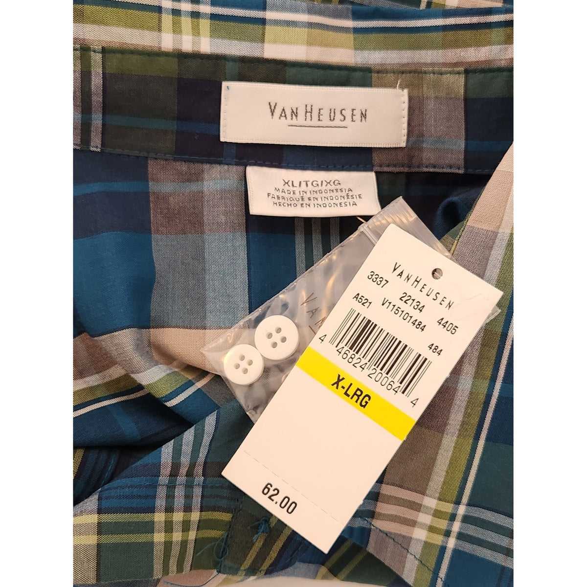 Van Heusen Blue and Green Plaid Button-Up Shirt Roll Tab Sleeves Size XL NWT