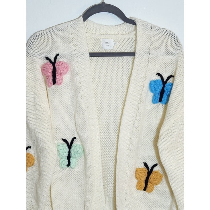 Luna Ivy Cream Open Cardigan Sweater with Butterfly Detail Size Small