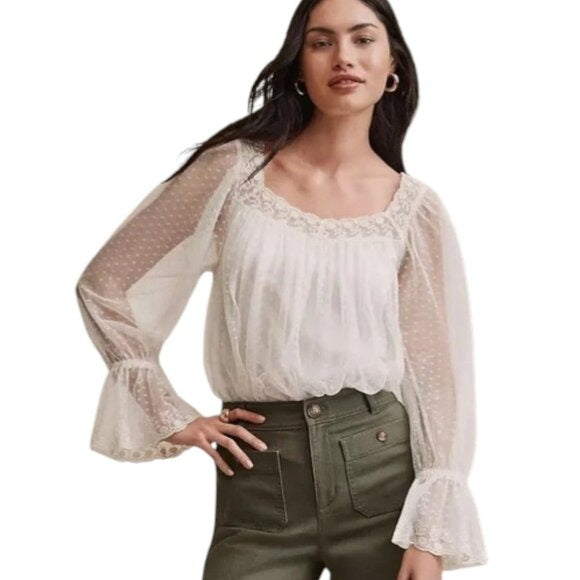 LOFT Cream Dotted Tulle Lace Trim Blouse Size Large