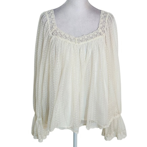 LOFT Cream Dotted Tulle Lace Trim Blouse Size Large