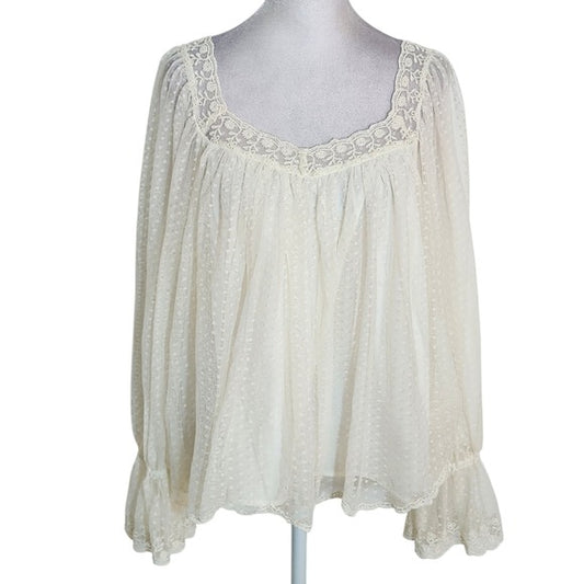 LOFT Cream Dotted Tulle Lace Trim Blouse Size Large