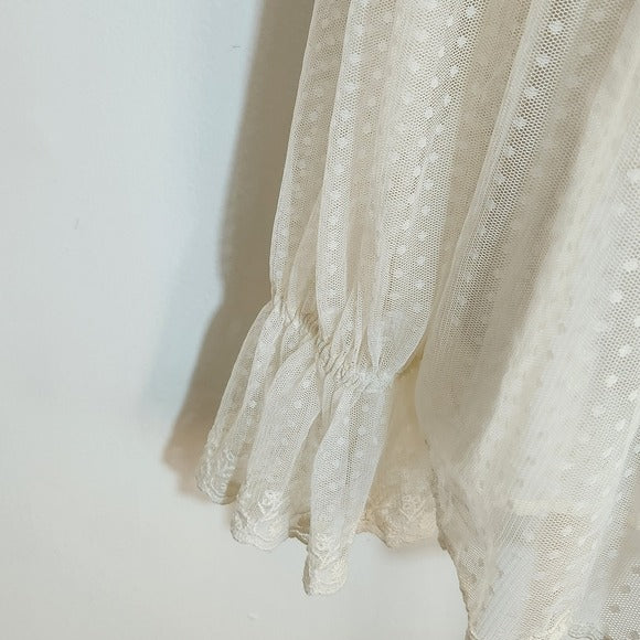 LOFT Cream Dotted Tulle Lace Trim Blouse Size Large