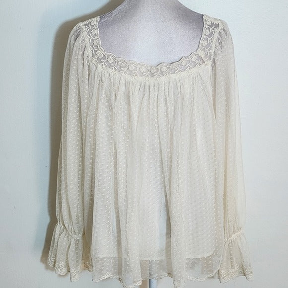 LOFT Cream Dotted Tulle Lace Trim Blouse Size Large