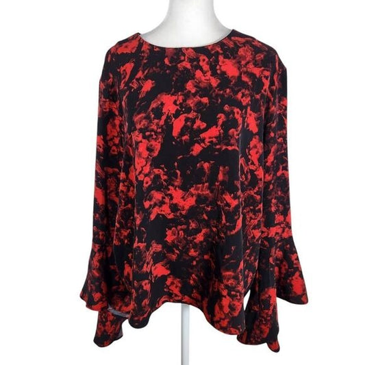 Carmen Marc Valvo Red and Black Print Blouse with Bell Sleeves Size XL, New