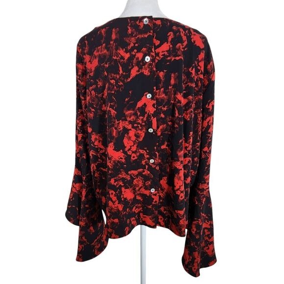 Carmen Marc Valvo Red and Black Print Blouse with Bell Sleeves Size XL, New